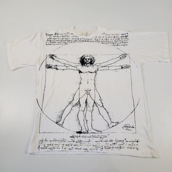 Vintage 90’s Leonardo Da Vinci The Vitruvian Man Italia AOP Art T-Shirt Large - Picture 1 of 9